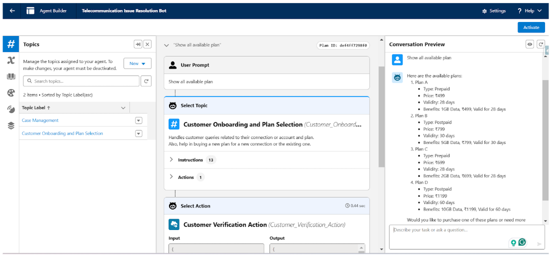 Agentforce recommending telecom data plans interface